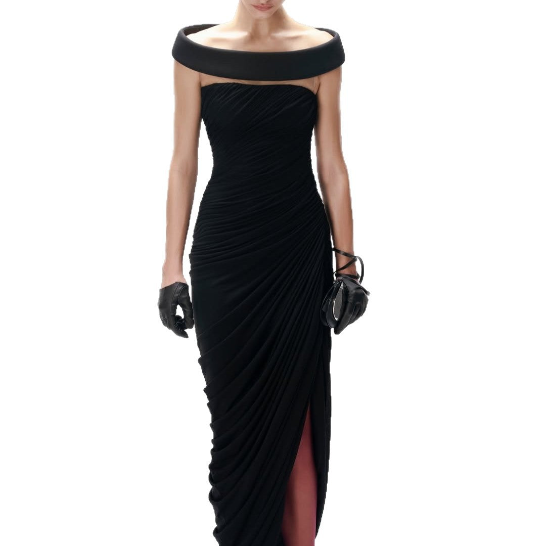 Damen Elegantes, schulterfreies Maxikleid mit raffinierten Drapierungen und hohem Schlitz Echo Archiv