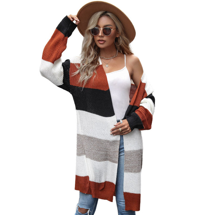 Damen Langer Offener Strickcardigan mit breiten Colorblock-Streifen und gerippten Bündchen Echoarchiv