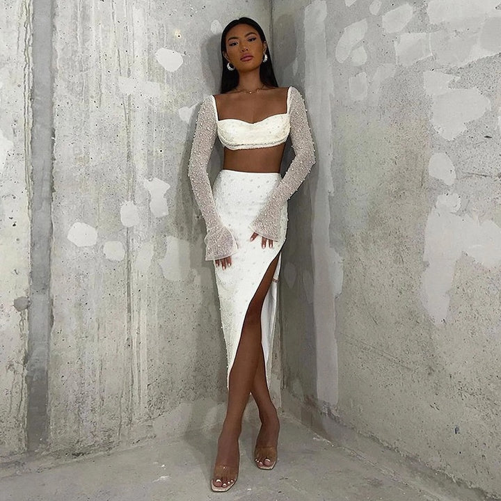 Damen Elegantes Crop-Top mit langen, transparenten Ärmeln und funkelnden Akzenten Echo Archiv