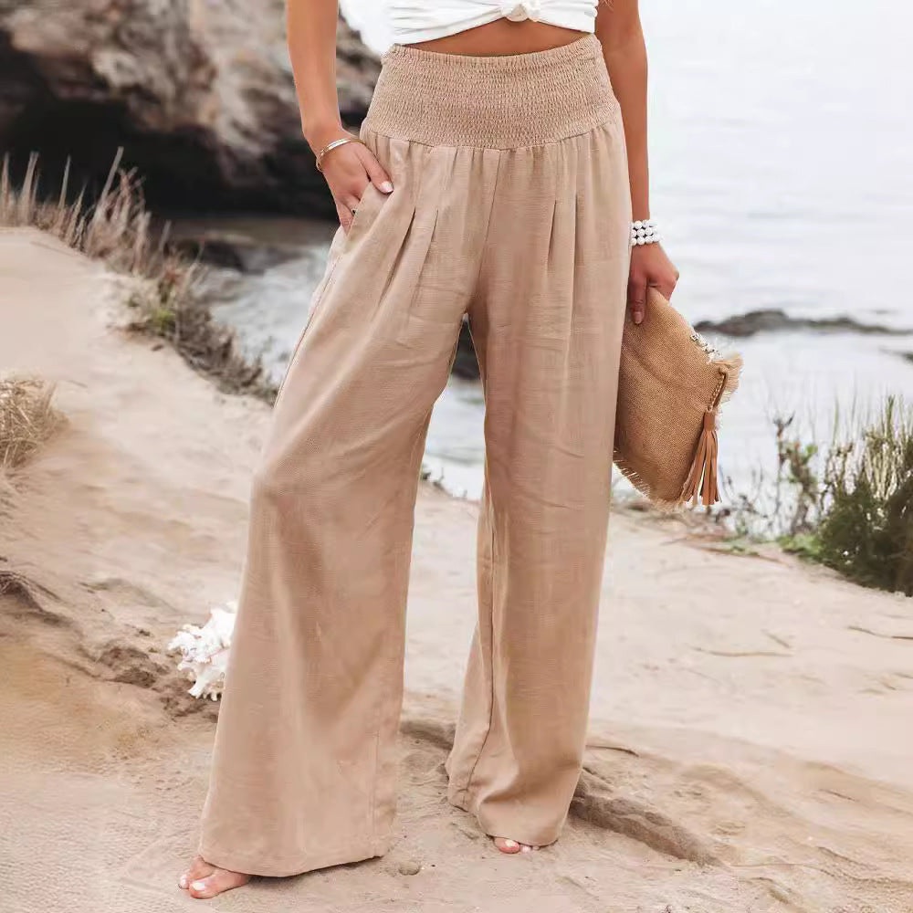 Frauen Weite Bein Smocked Hohe Taille Leinenmischung Hosen – Avélisse