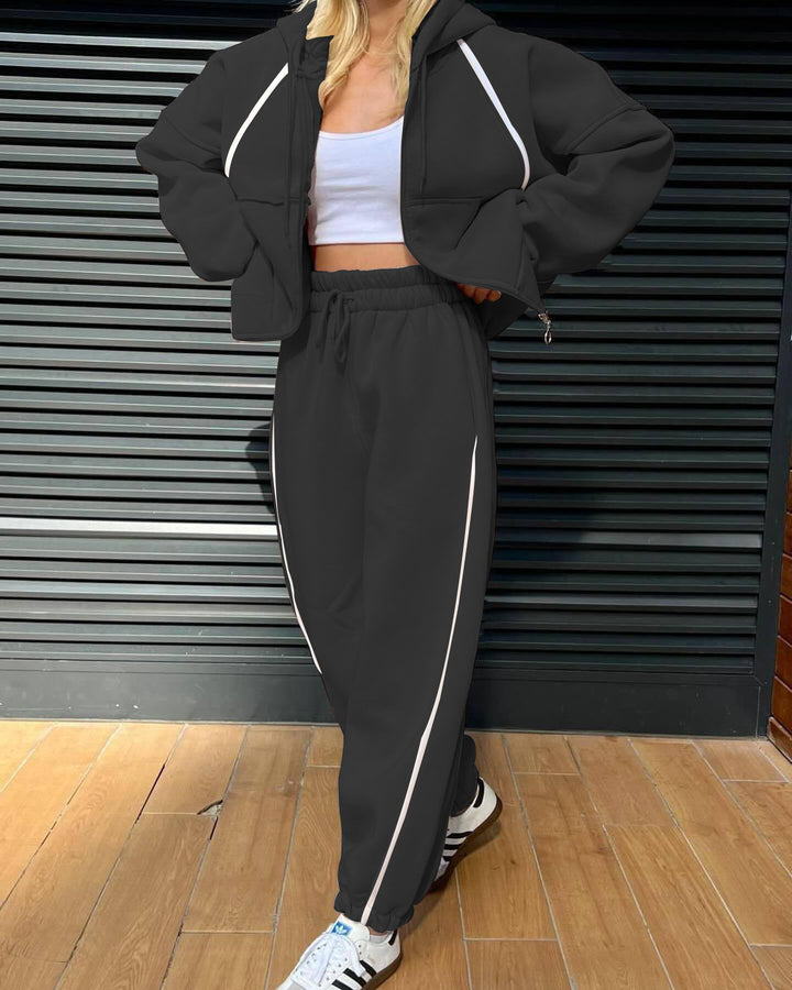 Damen nan kurzes Zip-Hoodie und Highwaist Jogginghose Set mit elastischem Komfortbund und seitlicher Paspel Echo Archiv
