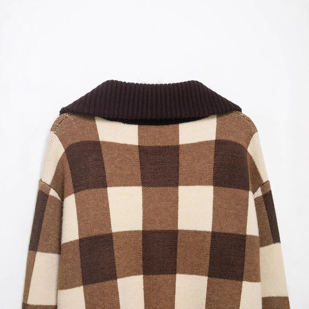 Damen Kariertes Strick-Cropped-Cardigan mit Reißverschluss und breitem Rippenkragen Echoarchiv