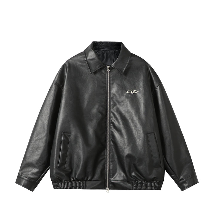Damen Oversize Glattleder‑Optik Blousonjacke mit elastischem Saum und Metall‑Logo Echoarchiv
