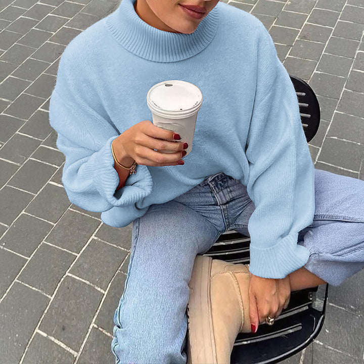 Damen oversize Rollkragenpullover mit breitem Rippkragen, voluminösen Ballonärmeln und verlängertem Bündchen – Mavelle