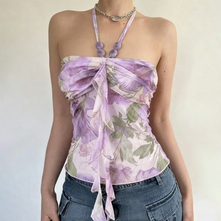 Damen Spaghetti-Trägertop mit floralen Einsätzen und transparenten Rüschen Echo Archiv