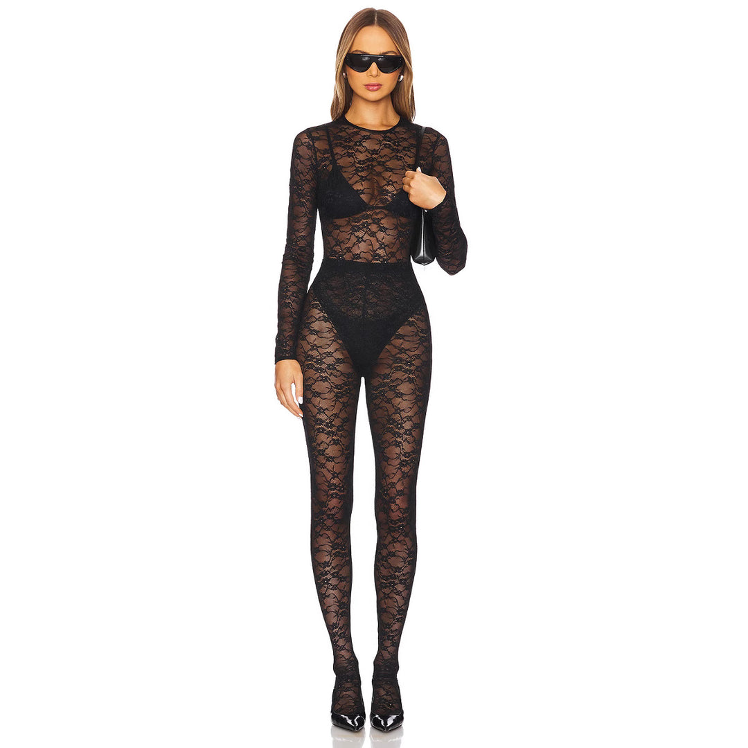 Damen Spitzen-Bodysuit mit transparenten Einsätzen und langen Ärmeln Echo Archiv