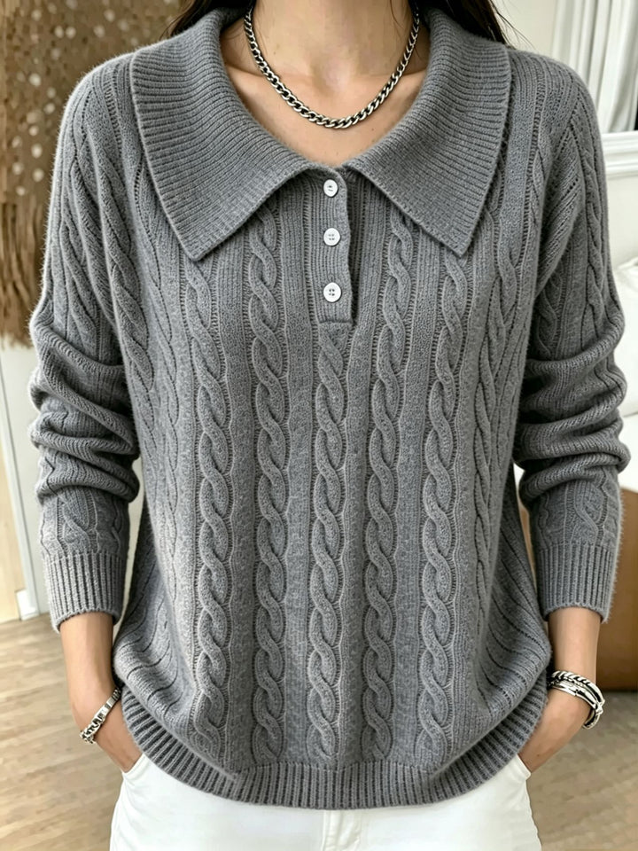 Damen Kabelstrick-Polo-Pullover mit großem Umlegekragen und lockerer Silhouette – Mavelle