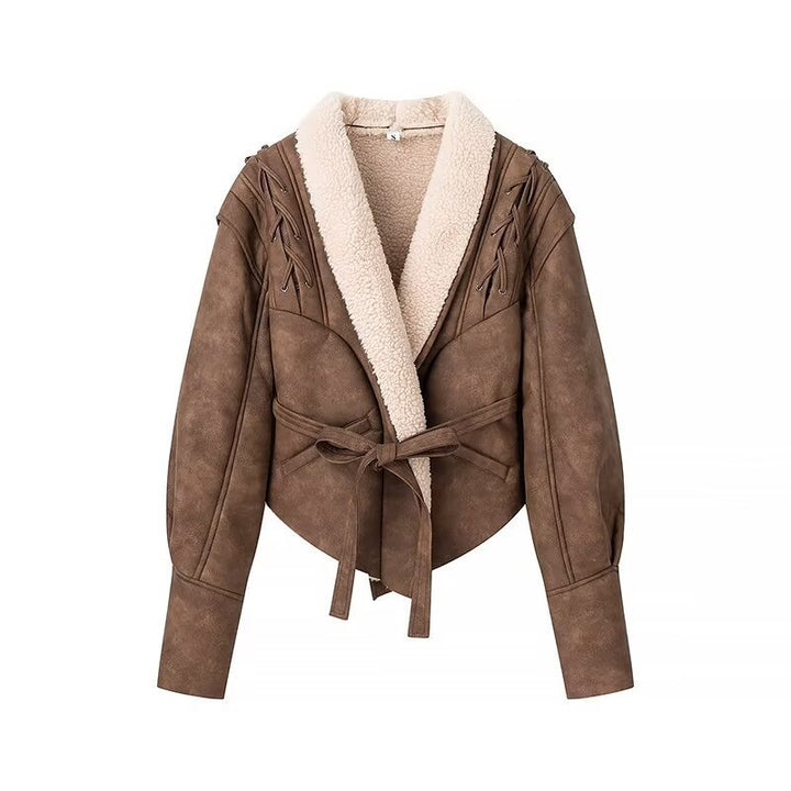 Damen Kurzjacke im Aviator‑Look mit Sherpa‑Futter, Bindegürtel und Schulter‑Schnürung Echo Archiv