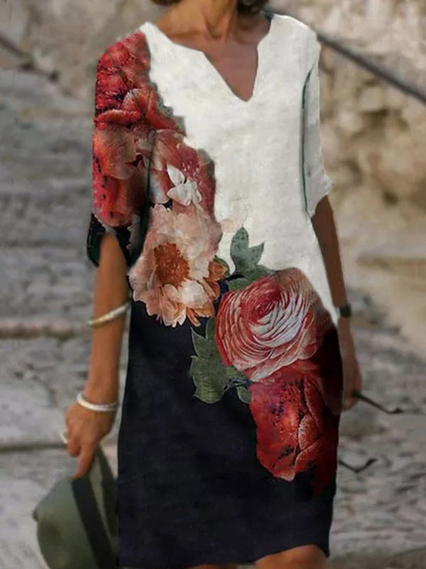Damen nan lässiges Leinenkleid mit V-Ausschnitt und floralem Allovermuster, knielang mit dreiviertelärmeln Echo Archiv