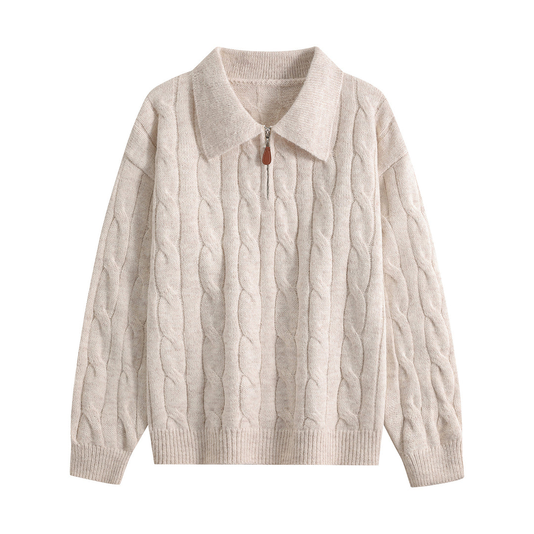 Damen Grobgestrickter Troyer-Pullover mit Halbreißverschluss & Oversize-Kragen Echoarchiv