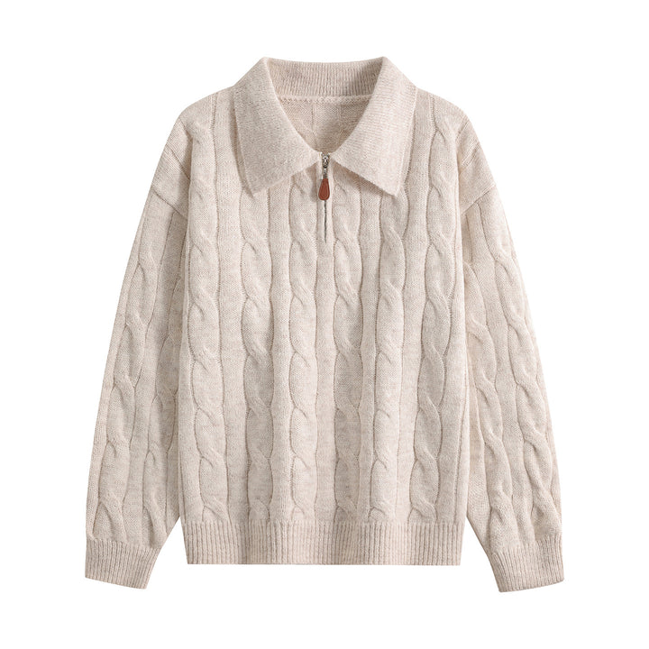 Damen Grobgestrickter Troyer-Pullover mit Halbreißverschluss & Oversize-Kragen Echoarchiv