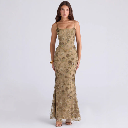 Damen nan elegantes besticktes Abendkleid mit Korsettoberteil und transparentem Spitzenüberzug Echo Archiv