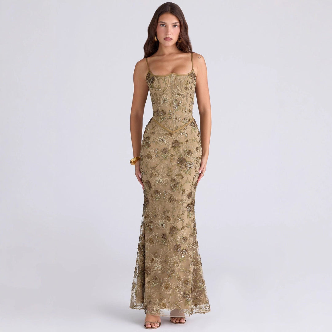 Damen nan elegantes besticktes Abendkleid mit Korsettoberteil und transparentem Spitzenüberzug Echoarchiv