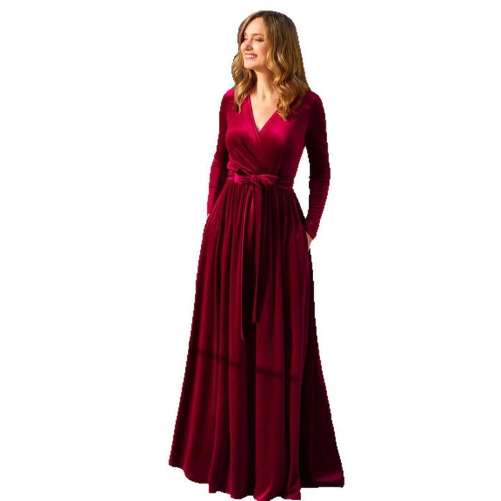 Damen nan elegantes Wickelmaxikleid aus Samt mit V-Ausschnitt, Taillengürtel und seitlichen Eingrifftaschen Echo Archiv