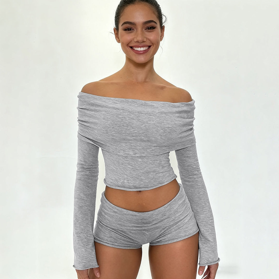 Damen nan Off-Shoulder Lounge-Set mit Langarm-Croptop und Highwaist-Shorts aus Stretchjersey Echo Archiv