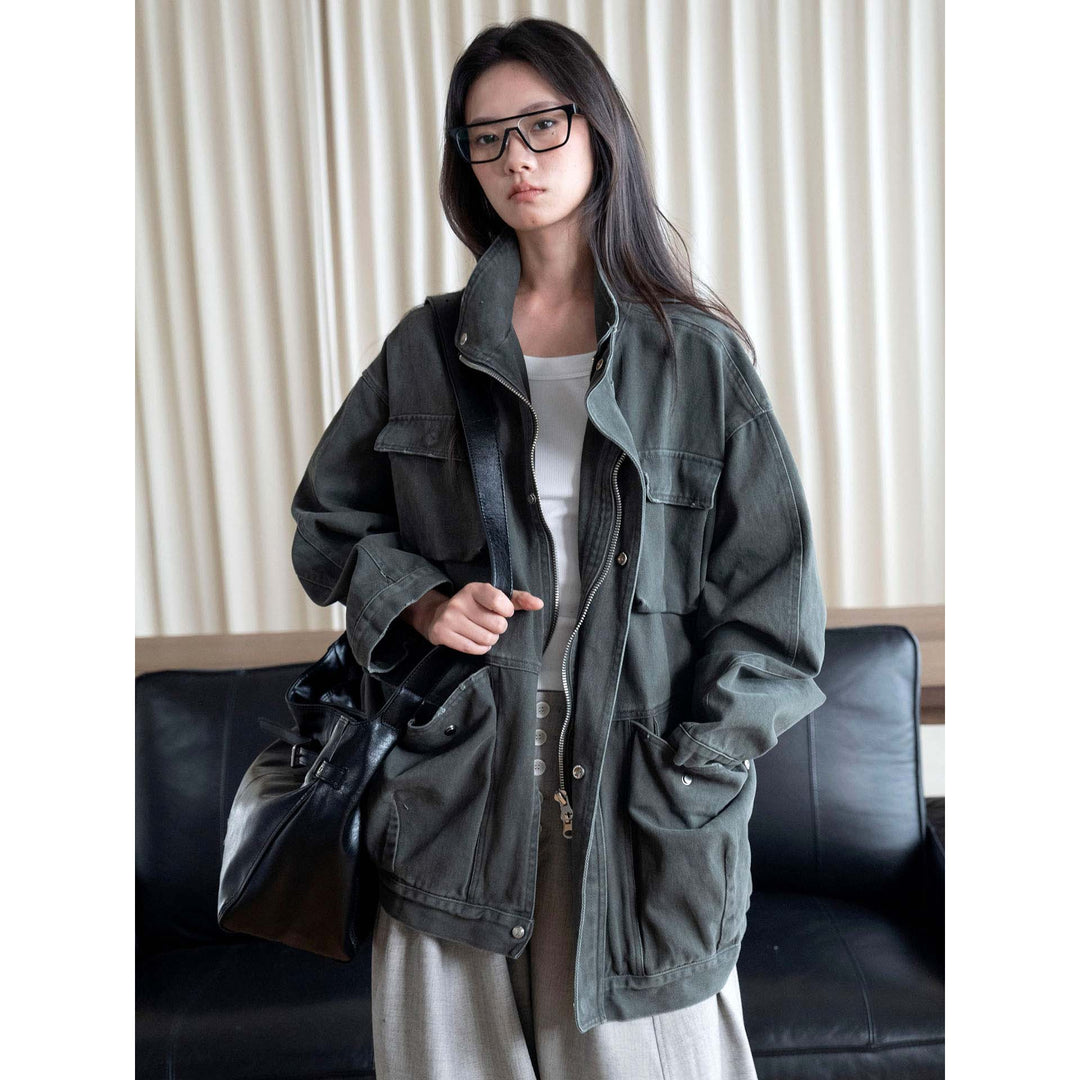 Damen Oversized Feldjacke aus robustem Canvas mit hohem Kragen und aufgesetzten Taschen Echoarchiv