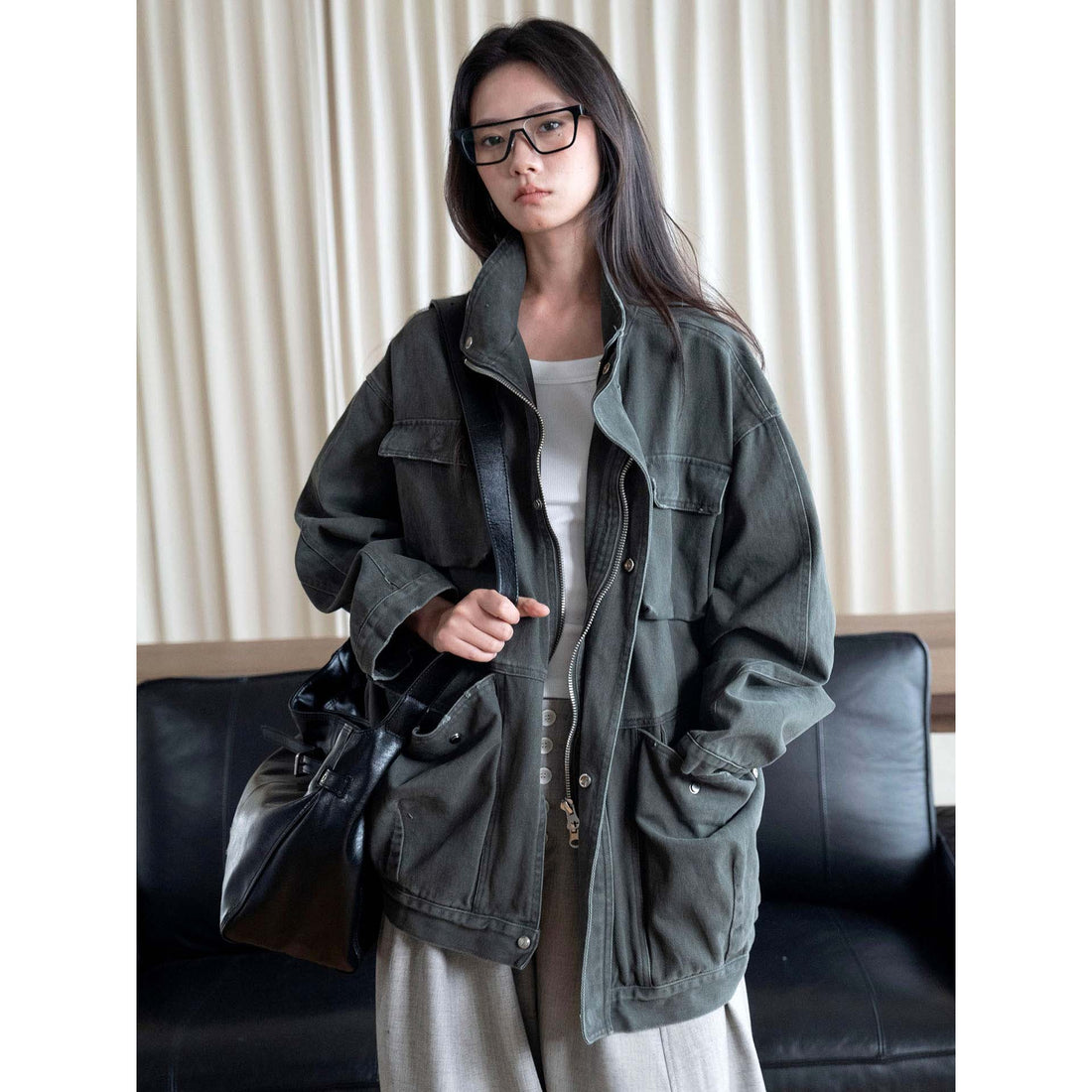 Damen Oversized Feldjacke aus robustem Canvas mit hohem Kragen und aufgesetzten Taschen Echoarchiv