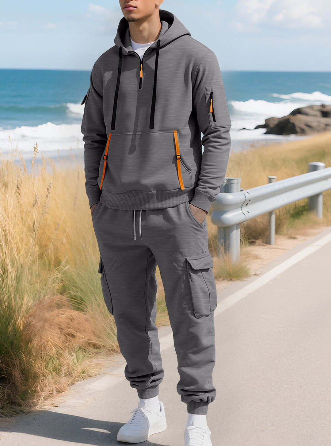 Herren nan lässiger Halbzip Hoodie mit Kängurutasche und Cargo Jogginghose mit Reißverschlussdetails Echo Archiv