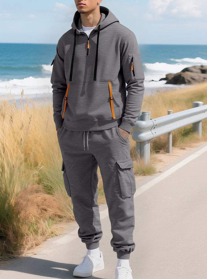 Herren nan lässiger Halbzip Hoodie mit Kängurutasche und Cargo Jogginghose mit Reißverschlussdetails Echo Archiv