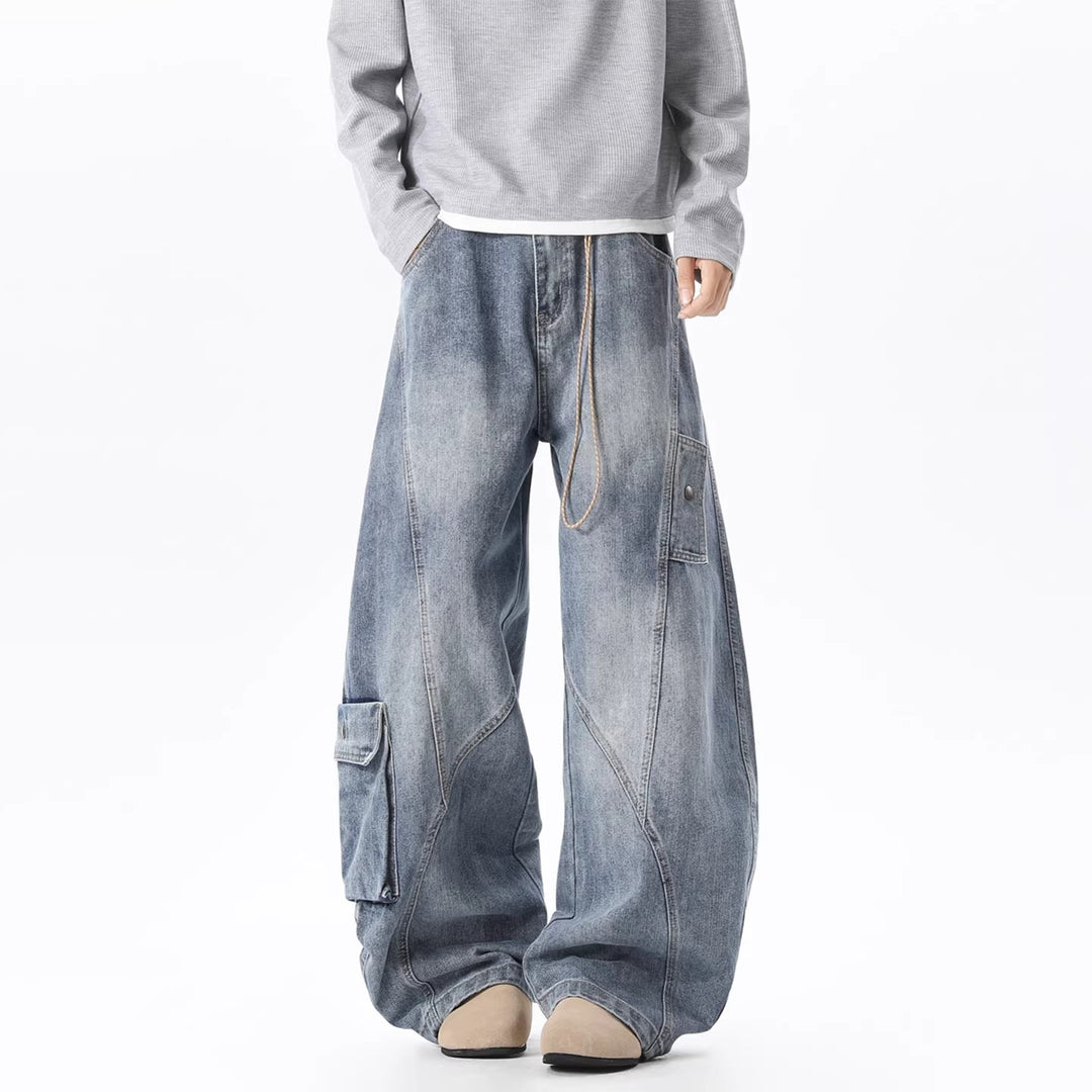 Damen Baggy-Cargo-Jeans aus gewaschenem Denim mit hoher Taille und Panelnähten Echoarchiv