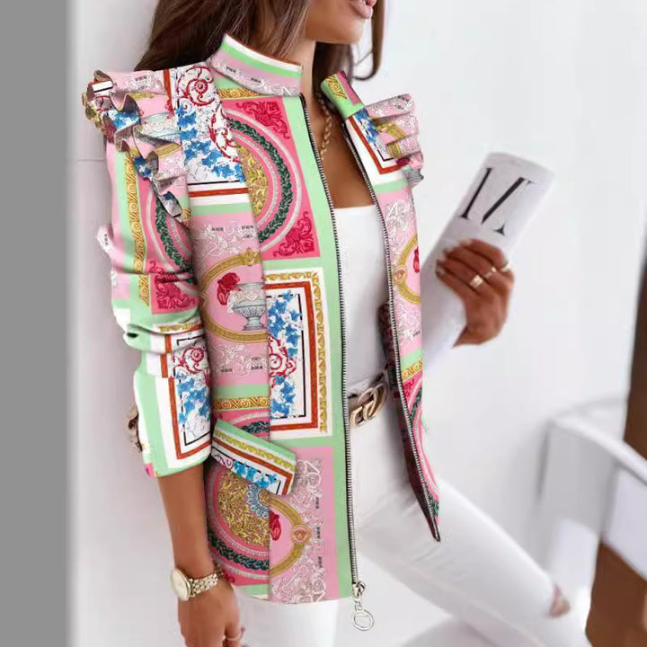Damen nan Leo-Blouson mit Volantärmeln, Stehkragen und Zipper-Front Echo Archiv