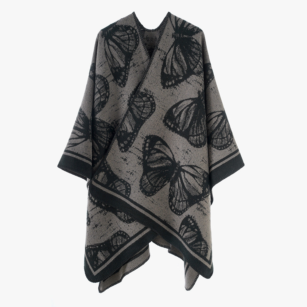 Damen Jacquardstrick‑Poncho mit Schmetterlingsmotiv und asymmetrischem Zipfelsaum – Avérine