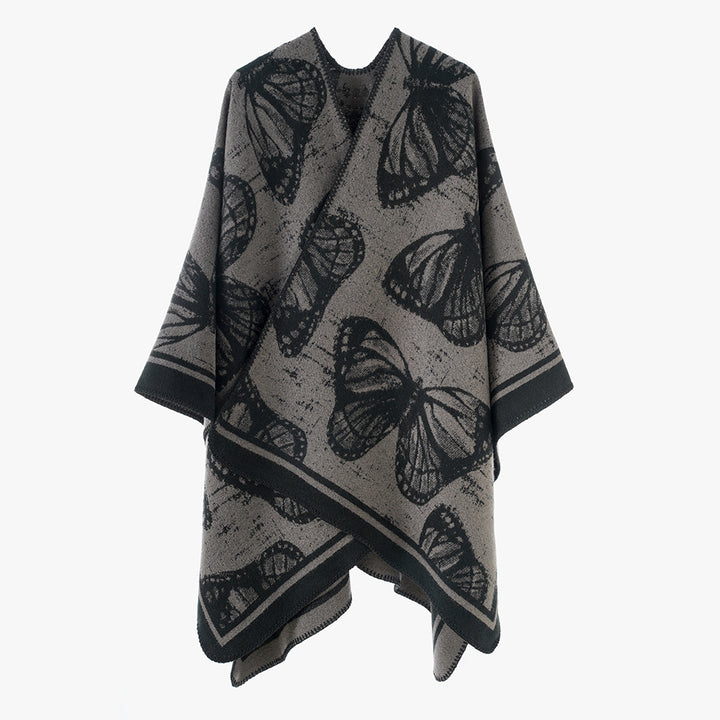 Damen Jacquardstrick‑Poncho mit Schmetterlingsmotiv und asymmetrischem Zipfelsaum – Avérine