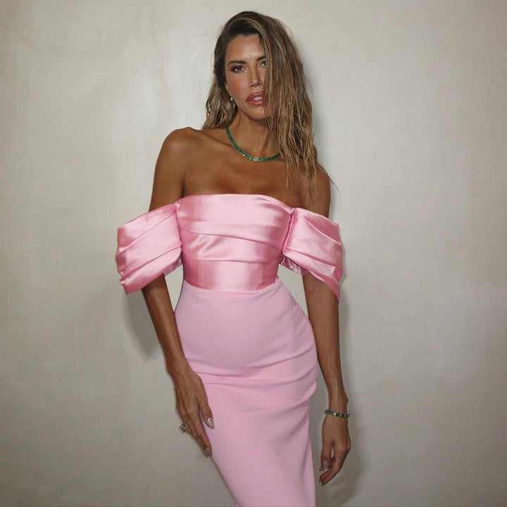 Damen schulterfreies Maxikleid mit elegantem Wickeldetail und voluminösen Puffärmeln Echo Archiv