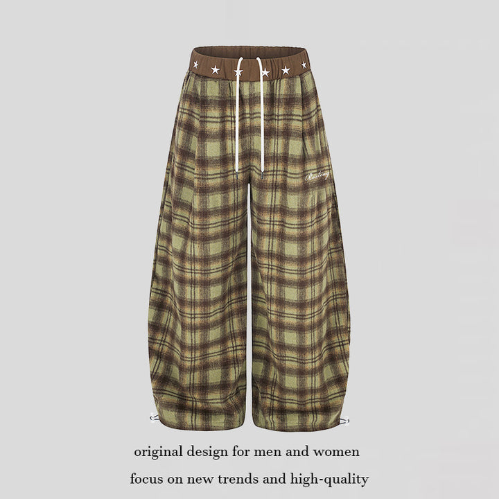 Damen Extraweite Karierte Palazzo-Loungehose aus weichem Fleece mit sternbesetztem Komfortbund, Tunnelzug und verstellbarem Saum Echoarchiv