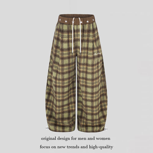 Damen Extraweite Karierte Palazzo-Loungehose aus weichem Fleece mit sternbesetztem Komfortbund, Tunnelzug und verstellbarem Saum Echoarchiv