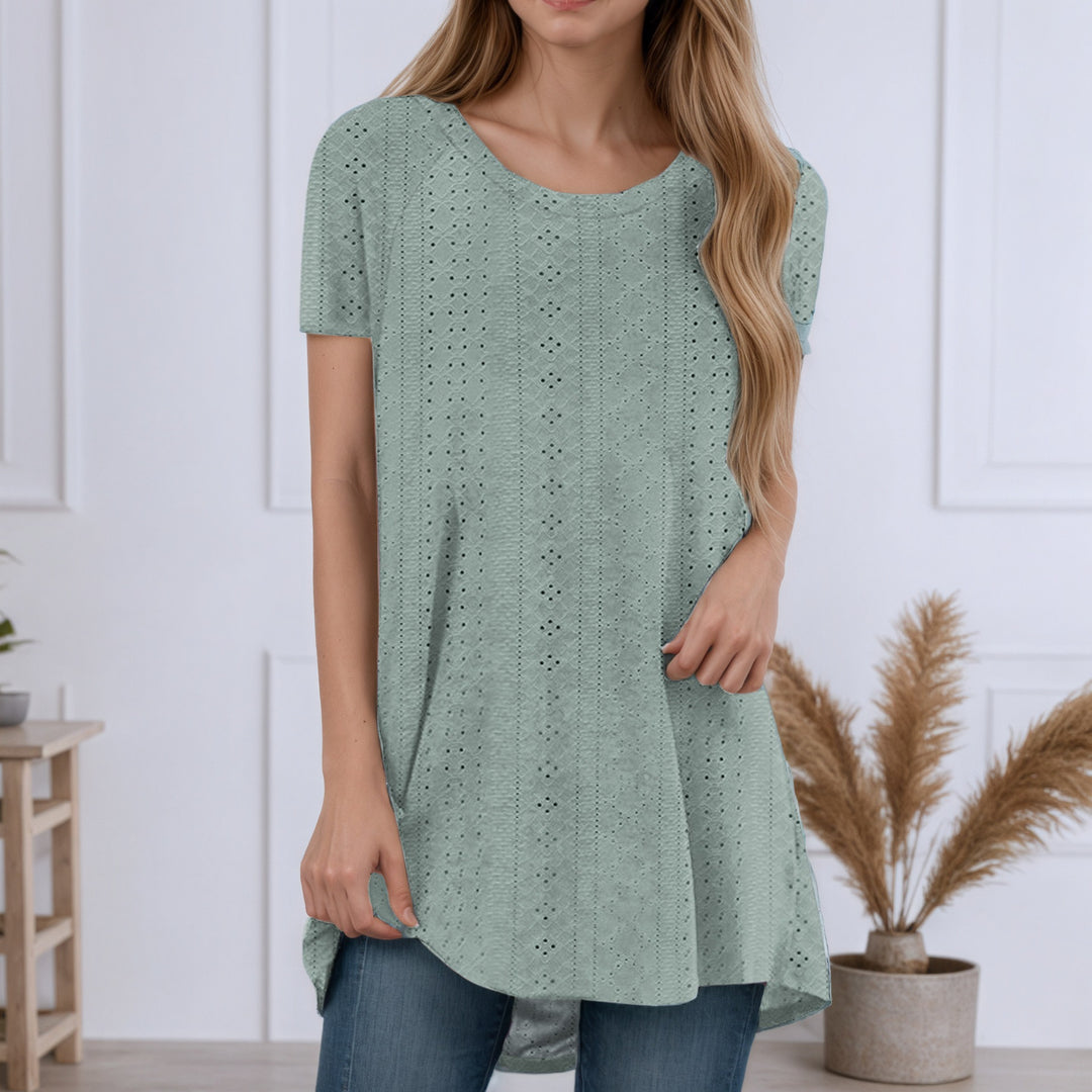 Damen nan locker geschnittene Broderie-Anglaise Tunika mit Rundhalsausschnitt, seitlichen Schlitzen und abgerundetem Saum Echo Archiv