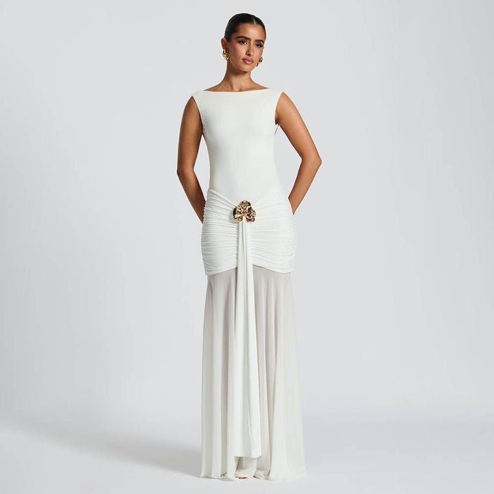 Damen Elegantes Maxikleid mit tailliertem Oberteil und einzigartiger Drapierung Echo Archiv