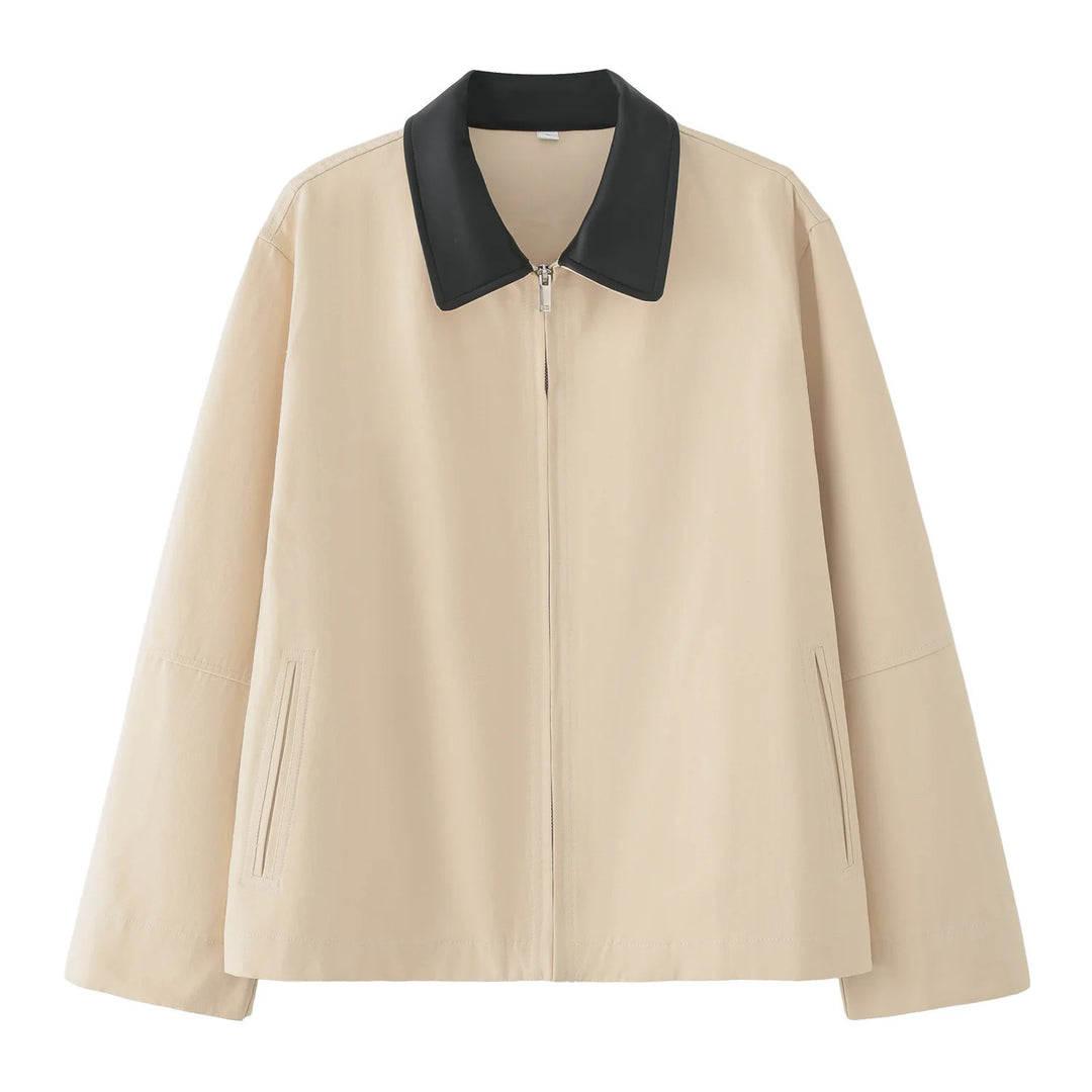 Damen Boxy Übergangsjacke mit kontrastkragen aus Kunstleder und durchgehendem Reißverschluss – Célinea