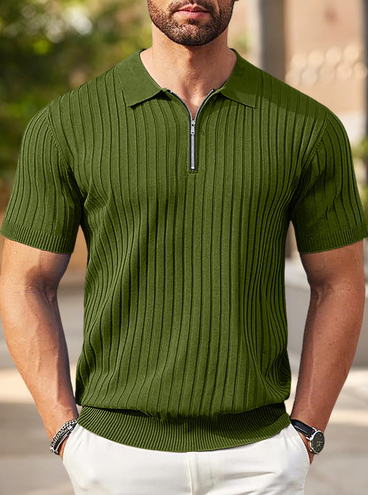 Herren nan elegantes strukturiertes Kurzarm-Strickpolo mit kurzem Metallreißverschluss und Hemdkragen Echo Archiv