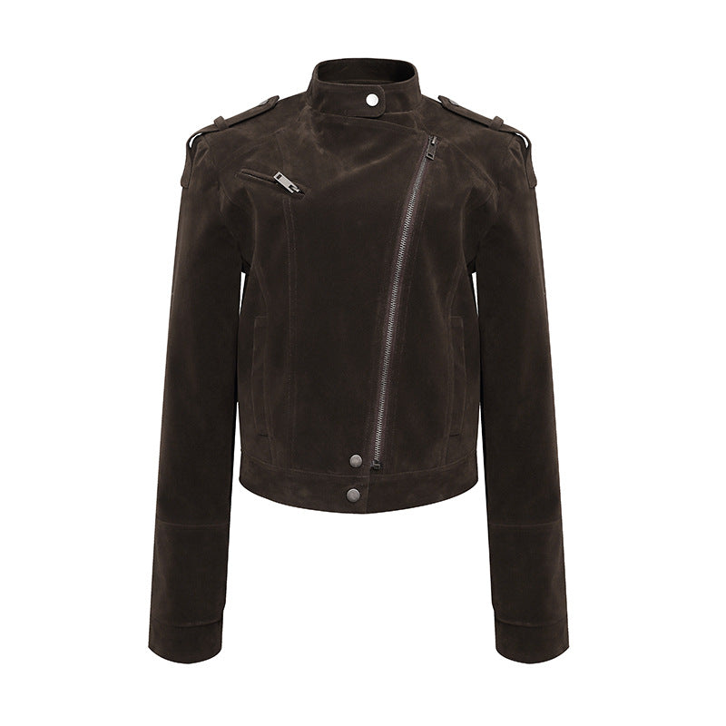 Damen Kurze Veloursleder-Bikerjacke mit asymmetrischem Reißverschluss und Stehkragen Echoarchiv