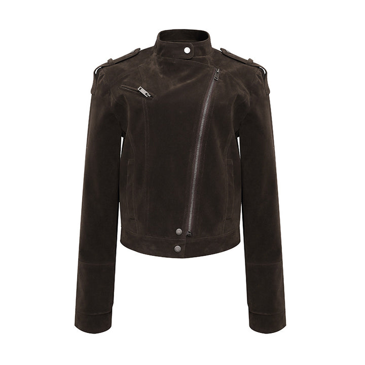Damen Kurze Veloursleder-Bikerjacke mit asymmetrischem Reißverschluss und Stehkragen Echoarchiv