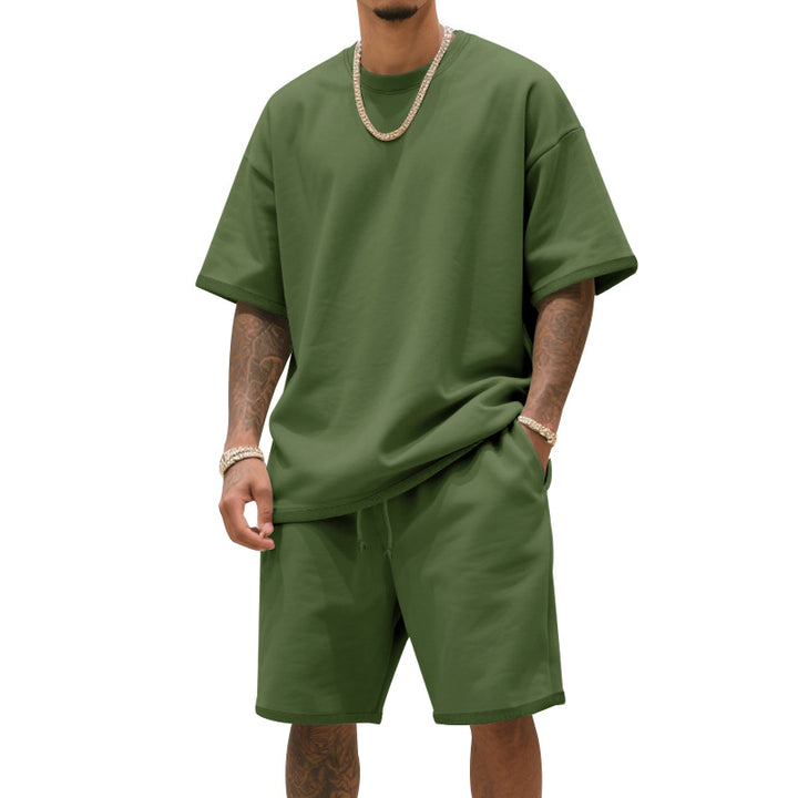 Herren nan entspannter Jersey-Set mit verlängertem Rundhals-T-Shirt und elastischen Kordelzug-Shorts Echo Archiv