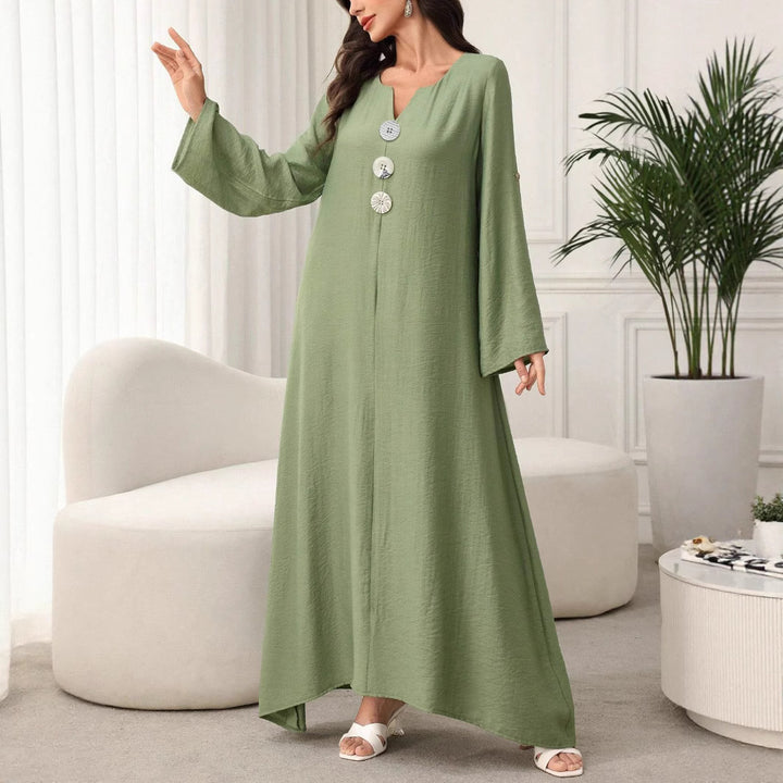 Damen Maxikleid mit Zierknöpfen, V-Ausschnitt und krempelbaren 3/4-Ärmeln – Avérine