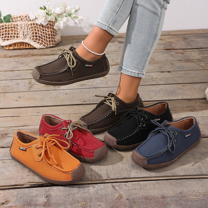 Damen lässige Mokassin-Slipper aus Veloursimitat mit dekorativer Ziernaht, elastischer Schnürung und flexibler Gummisohle – Lioré