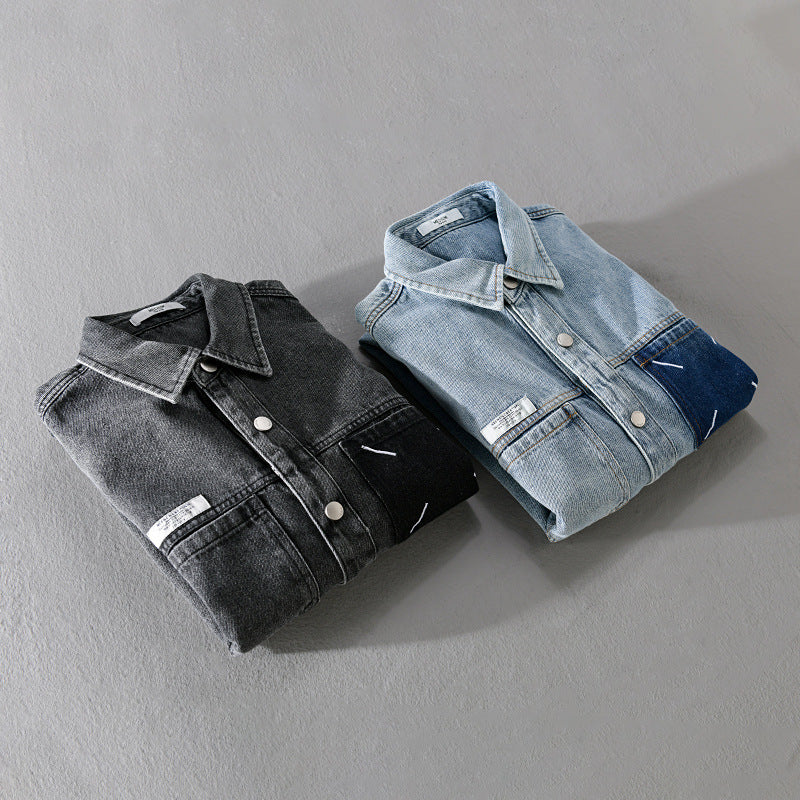 Herren Denim-Hemdjacke mit kontrastierter Brusttasche und Druckknopfverschluss Echoarchiv