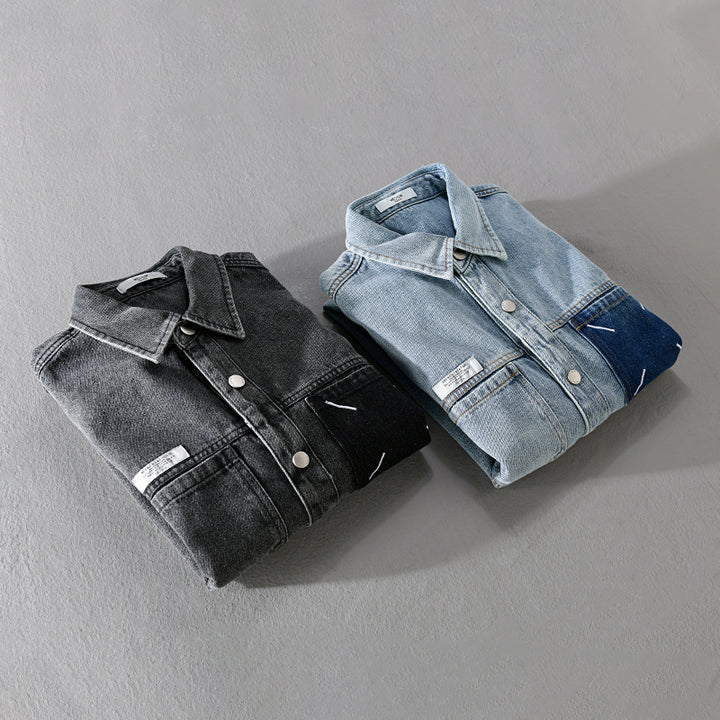 Herren Denim-Hemdjacke mit kontrastierter Brusttasche und Druckknopfverschluss Echoarchiv