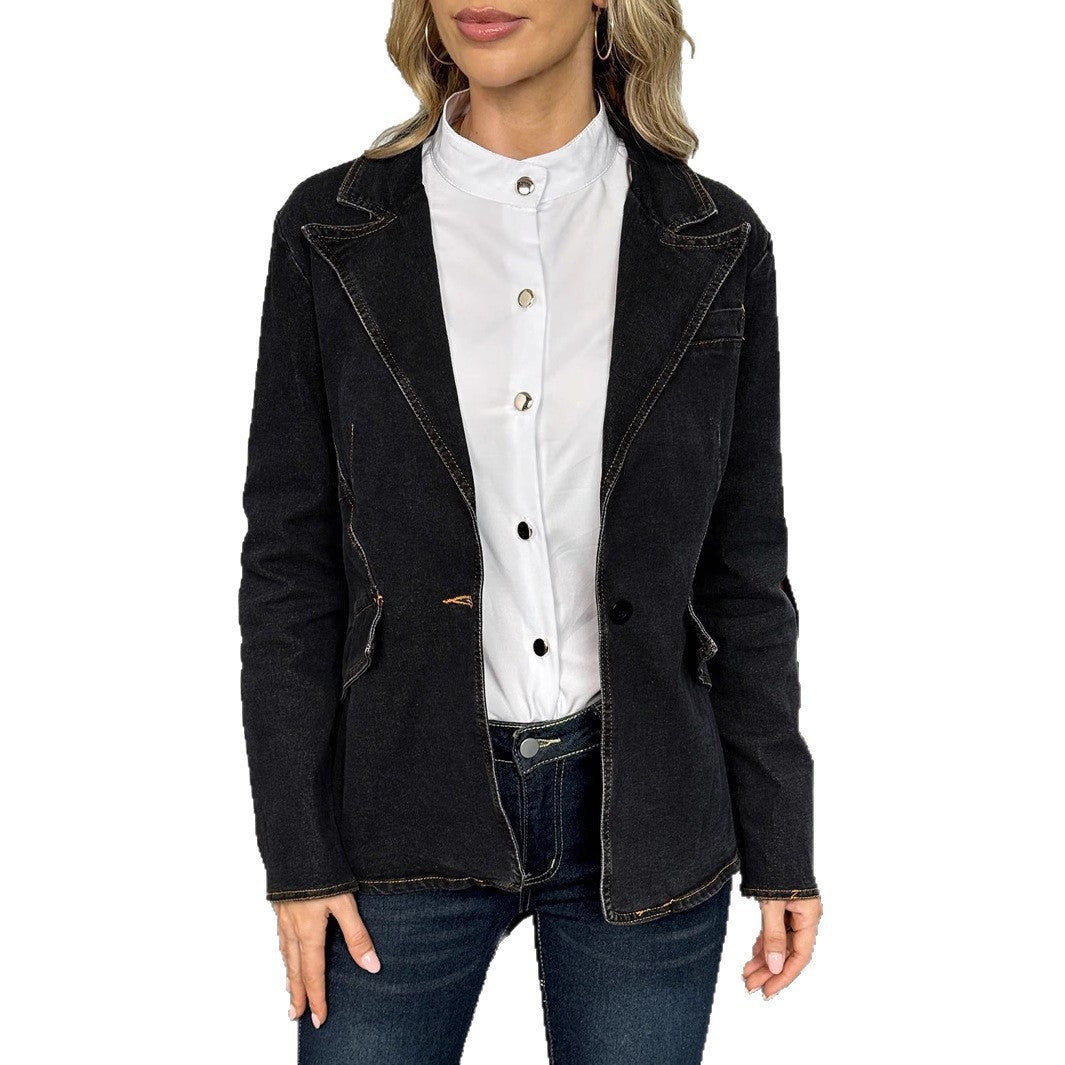 Damen taillierter Denim-Blazer mit Ziernähten und Pattentaschen Echo Archiv