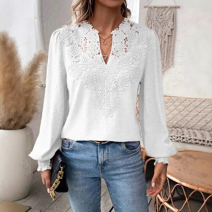 Damen nan Spitzenapplikation V-Ausschnitt Bluse mit Strukturpunkt, gerafften Manschetten und leicht taillierter Silhouette Echo Archiv