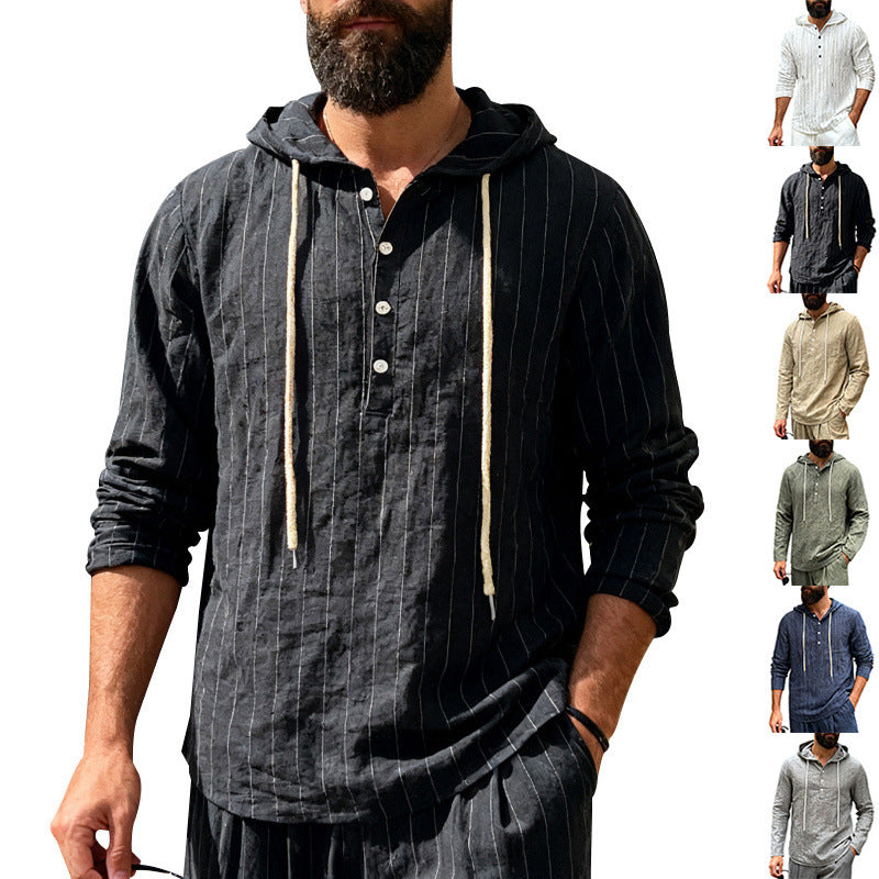 Herren nan Kapuzenshirt aus Leinenmix mit halber Knopfleiste und Nadelstreifen Echo Archiv