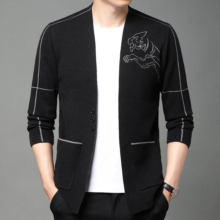 Herren elegante Strickjacke mit gesticktem Design und praktischen Taschen Echoarchiv