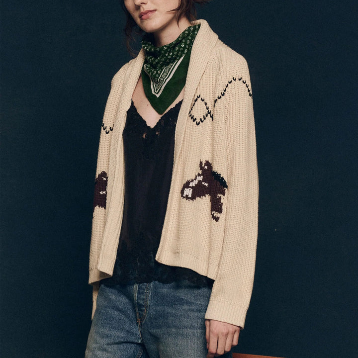 Damen Grobstrick-Cardigan mit Reverskragen und Pferde‑Intarsie Echoarchiv