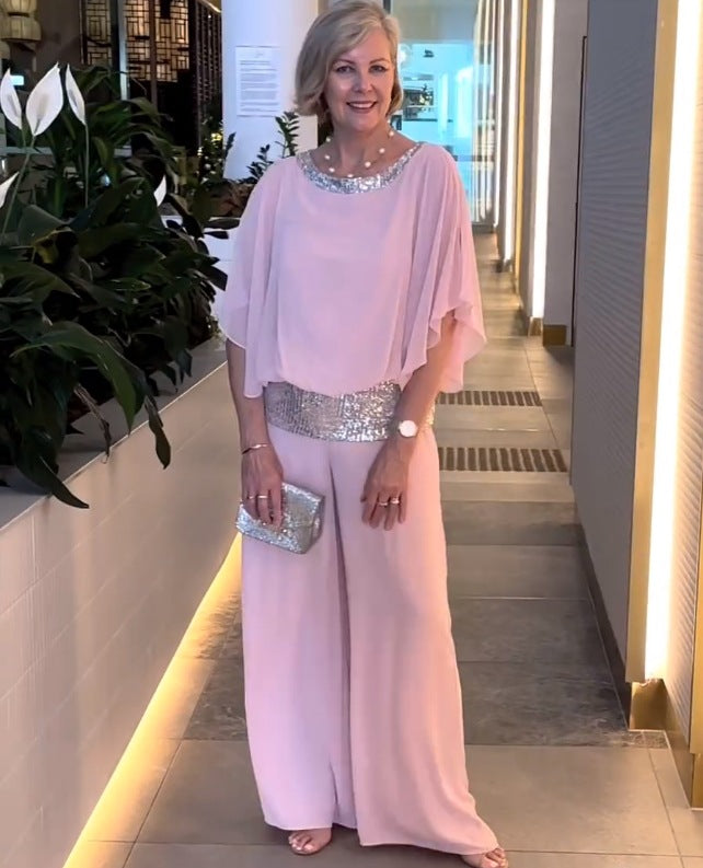 Damen Elegantes Zweiteiliges Abendensemble mit Chiffon-Cape, Paillettenbesatz und Palazzo-Hose Echoarchiv