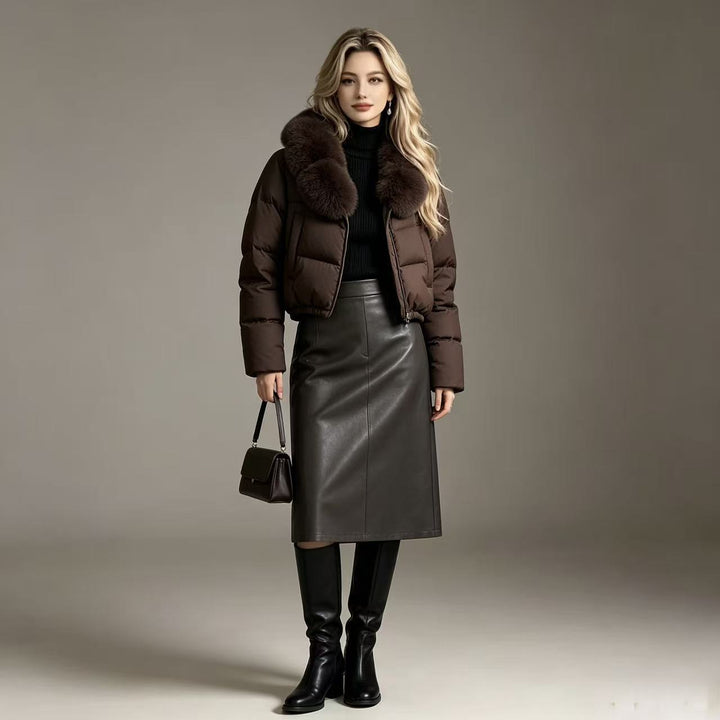 Damen nan kurze gesteppte Cropped-Pufferjacke mit voluminösem Kunstpelzkragen Echo Archiv