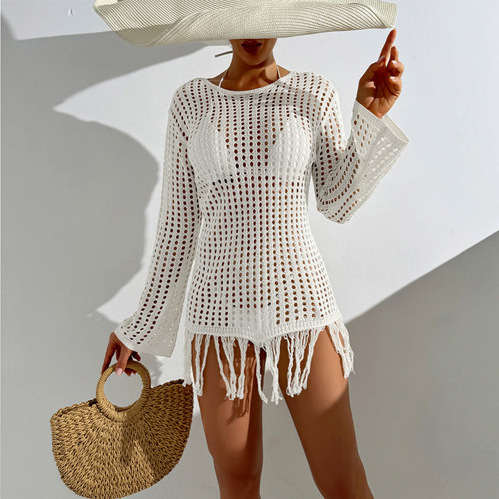 Damen Häkel-Strandüberwurf mit fransigem Saum und dekorativem Netzdesign Echo Archiv