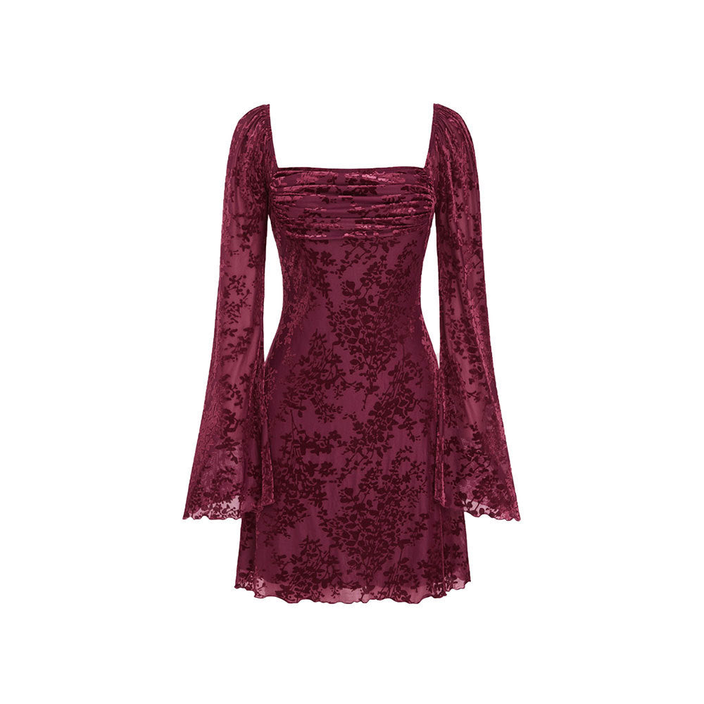 Damen Samt-Minikleid mit quadratischem Ausschnitt, gerafftem Bustier und ausgestellten Ärmeln – Élara